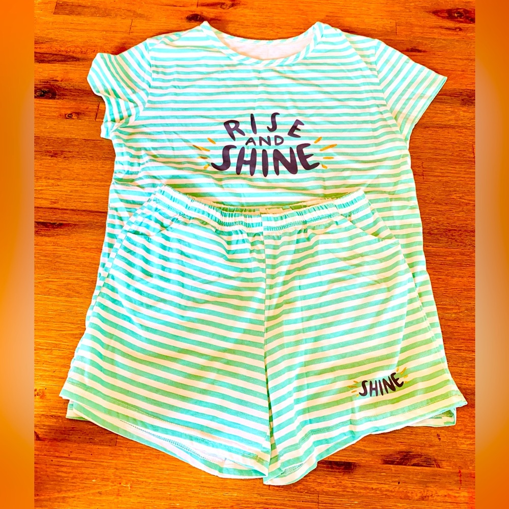 Striped 'Rise and Shine' Pajama Set short sleeve pockets comfy soft